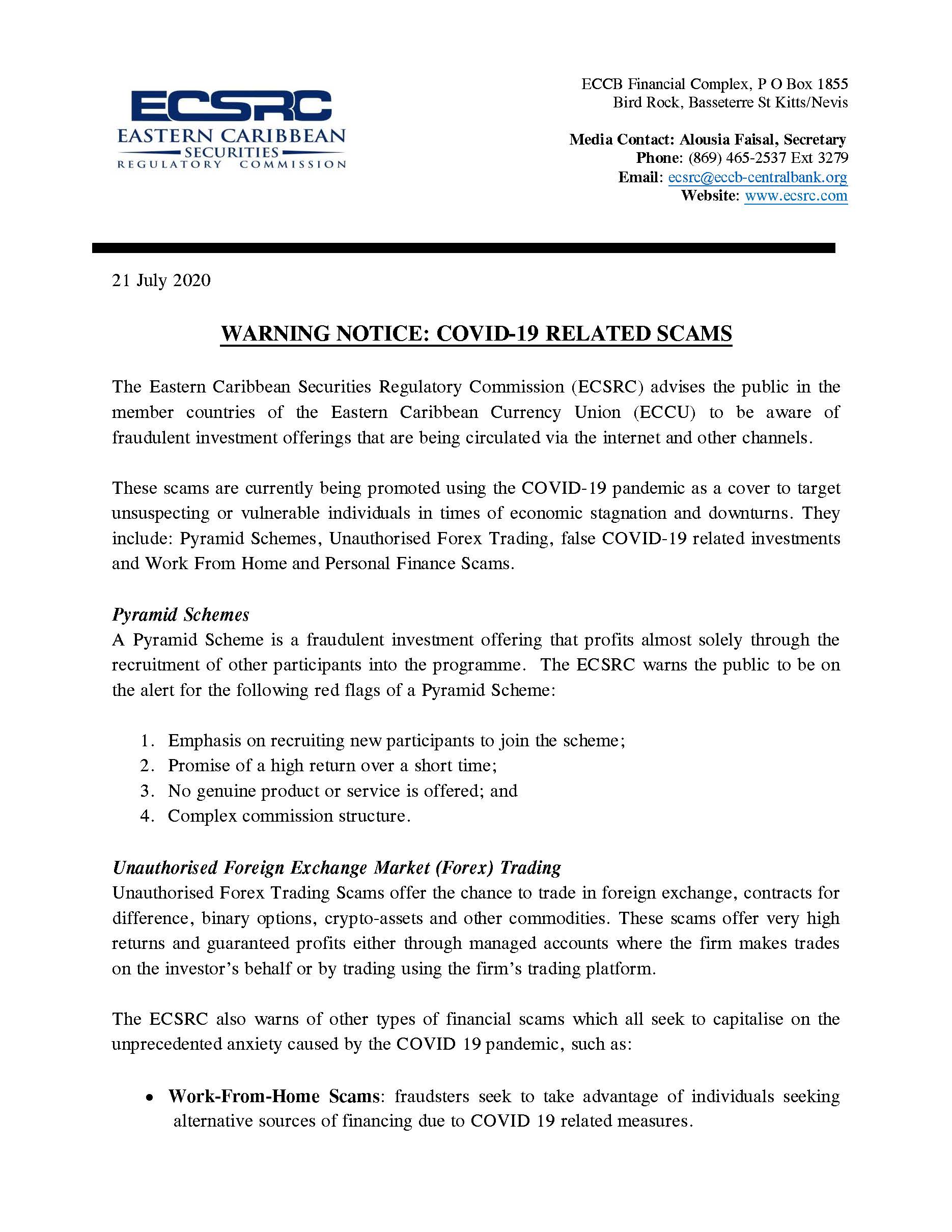 ECSRC – WARNING NOTICE: COVID-19 RELATED SCAMS